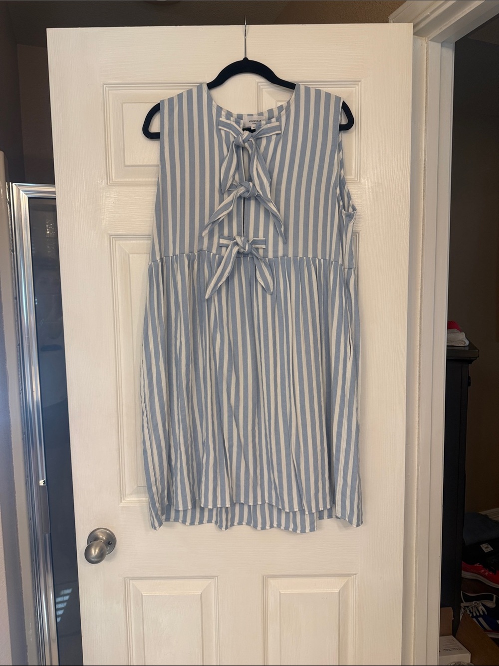 Sleeveless Blue & White Striped Tie-Front Casual Dress
